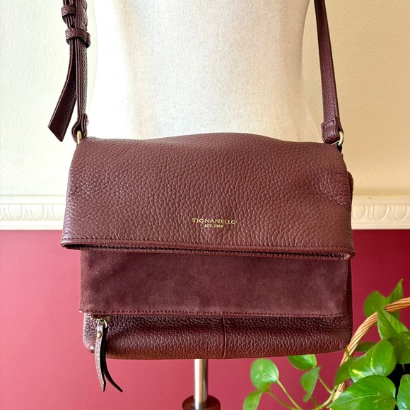 Tignanello Handbags - Tignanello Burgundy Pebbled Leather Suede Double Foldover Crossbody Shoulder Bag
